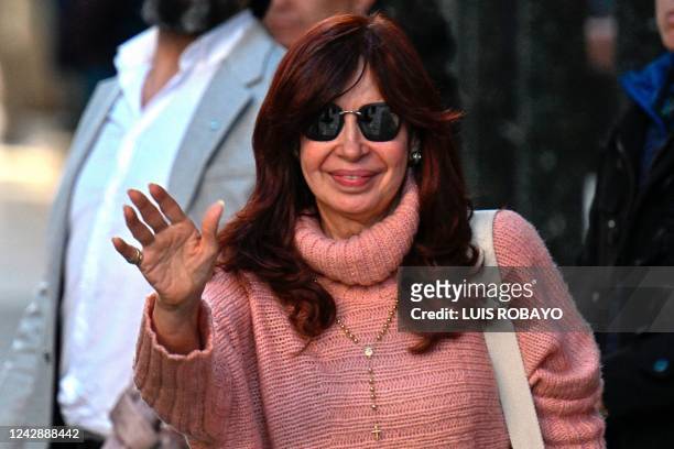 Argentine Vice President Cristina Fernandez de Kirchner waves to supporters as she leaves her residence in Buenos Aires, on September 2, 2022. -...