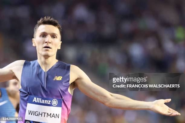 Britain's Jake Wightman reacts as he wins the men's 800m event during the IAAF Diamond League "Memorial Van Damme" athletics meeting at the King...