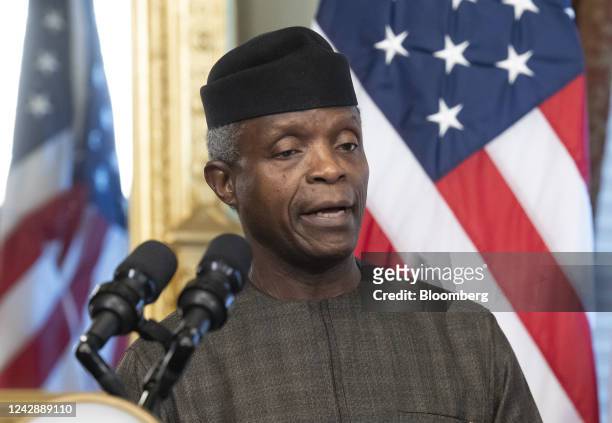 Yemi Osinbajo, Nigeria's vice president, speaks while meeting with US Vice President Kamala Harris, not pictured, in the Vice President's Ceremonial...