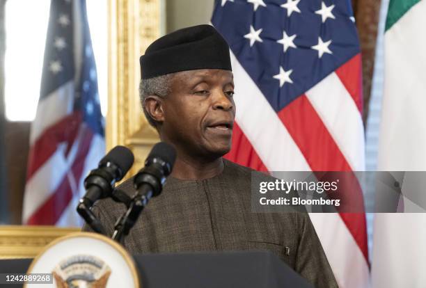 Yemi Osinbajo, Nigeria's vice president, speaks while meeting with US Vice President Kamala Harris, not pictured, in the Vice President's Ceremonial...