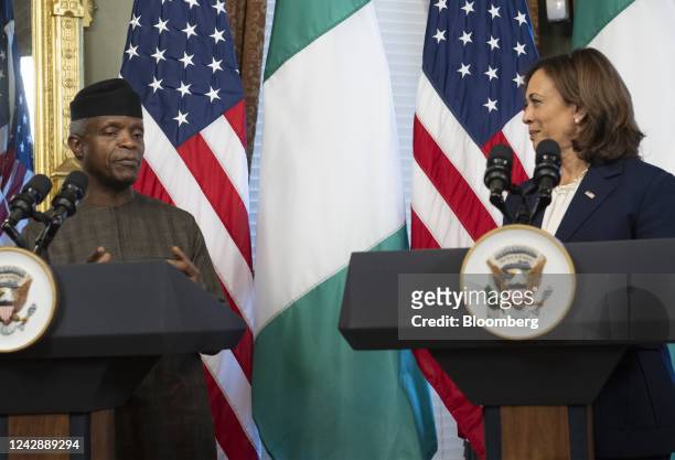 Yemi Osinbajo, Nigeria's vice president, speaks as US Vice President Kamala Harris, right, listens while delivering remarks in the Vice President's...