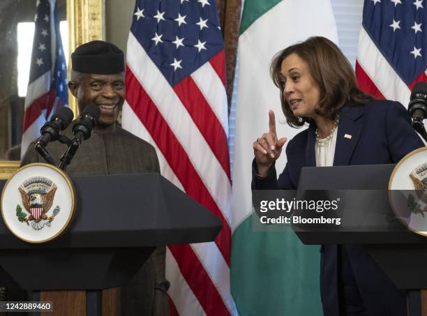 Vice President Kamala Harris, right, and Yemi Osinbajo, Nigeria's vice president, deliver remarks while meeting in the Vice President's Ceremonial...