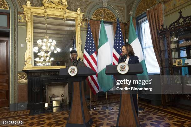 Vice President Kamala Harris, right, and Yemi Osinbajo, Nigeria's vice president, deliver remarks while meeting in the Vice President's Ceremonial...