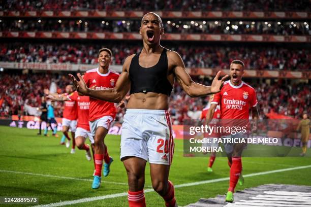 Benfica's Portuguese midfielder Joao Mario celebrates after scoring a penalty against FC Vizela during the Portuguese League football match between...