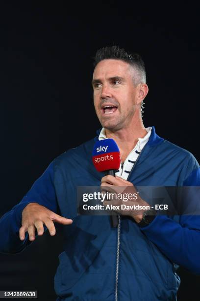 Kevin Pietersen reacts during the Hundred Eliminator match between Manchester Originals and London Spirit at Ageas Bowl on September 2, 2022 in...