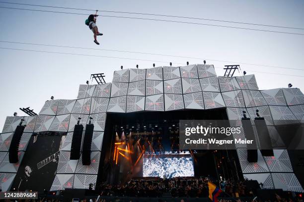 General view of Sepultura and the Brazilian Symphonic Orchestra performance at Mundo stage on Rock in Rio Festival at Cidade do Rock on September 2,...