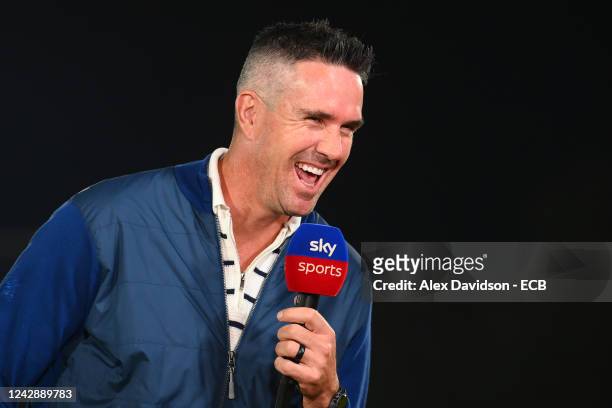 Kevin Pietersen reacts during the Hundred Eliminator match between Manchester Originals and London Spirit at Ageas Bowl on September 2, 2022 in...