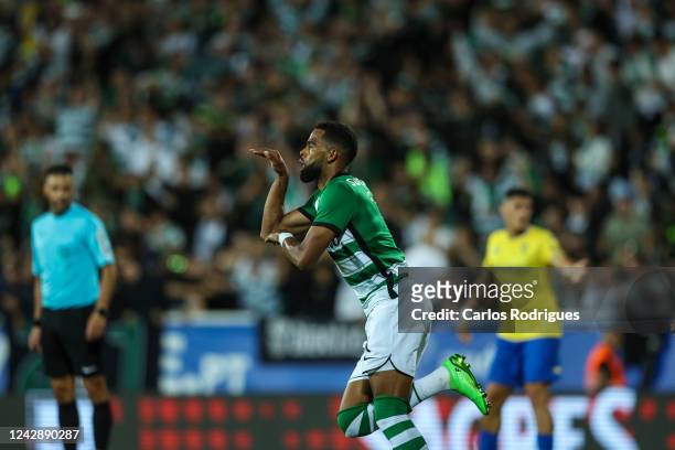 Jeremiah St. Juste of Sporting CP celebrates scoring Sporting CP first goal during the Liga Portugal Bwin match between GD Estoril Praia and Sporting...