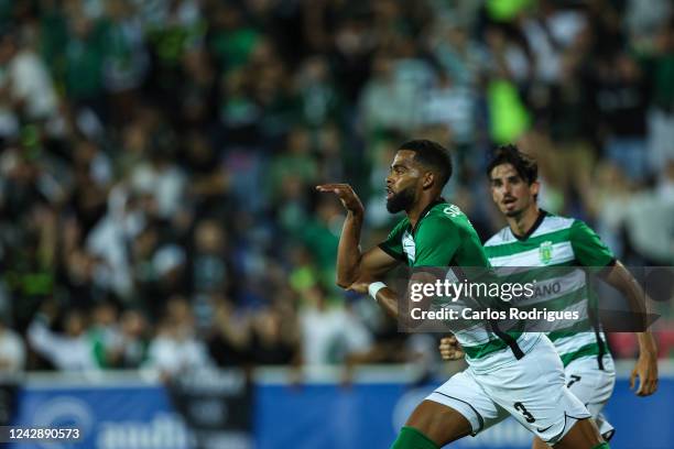 Jeremiah St. Juste of Sporting CP celebrates scoring Sporting CP first goal during the Liga Portugal Bwin match between GD Estoril Praia and Sporting...