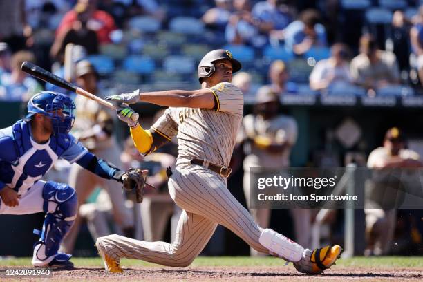 San Diego Padres right fielder Juan Soto hits a two-run home run during an MLB game against the Kansas City Royals on August 28, 2022 at Kauffman...