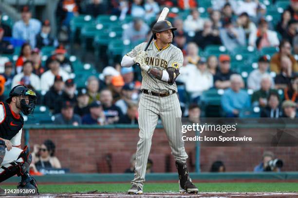 San Diego Padres third baseman Manny Machado waits for the pitch in the first inning during a game between the San Diego Padres and San Francisco...