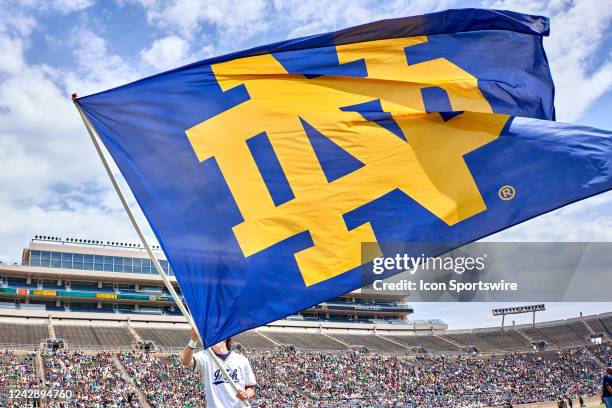 Cheerleader celebrates by waving a Notre Dame Fighting Irish flag during the Notre Dame Blue-Gold Spring Football Game on April 23, 2022 at Notre...
