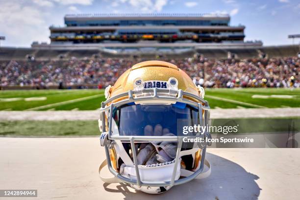 Detail view of a Notre Dame Fighting Irish helmet is seen during the Notre Dame Blue-Gold Spring Football Game on April 23, 2022 at Notre Dame...