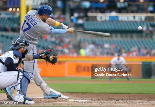 Hunter Dozier of the Kansas City Royals singles against the Detroit Tigers during the second inning at Comerica Park on September 2 in Detroit,...