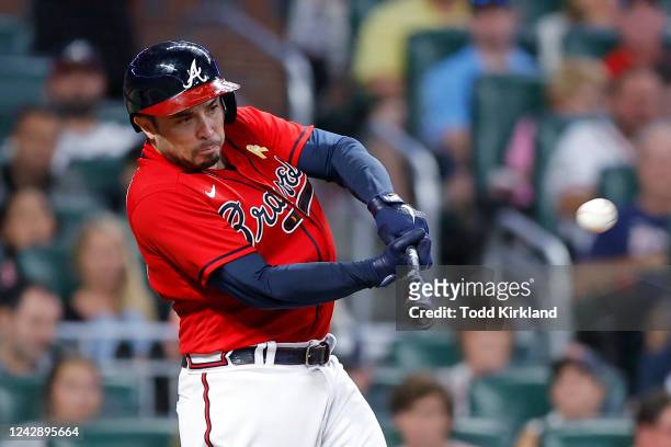 Travis d'Arnaud of the Atlanta Braves hits a two run home run during the fourth inning against the Miami Marlins at Truist Park on September 2, 2022...