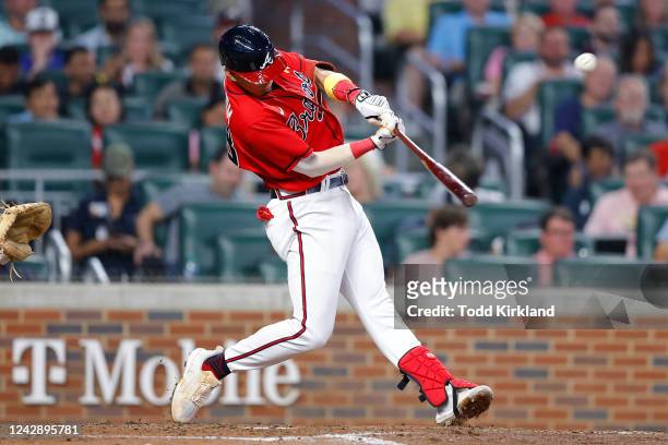 Vaughn Grissom of the Atlanta Braves hits a two run home run during the fourth inning against the Miami Marlins at Truist Park on September 2, 2022...