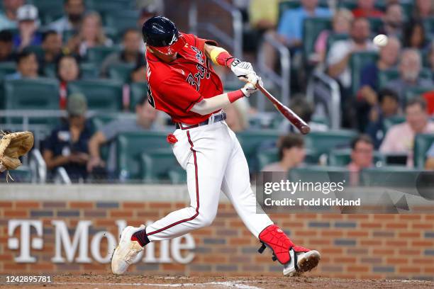 Vaughn Grissom of the Atlanta Braves hits a two run home run during the fourth inning against the Miami Marlins at Truist Park on September 2, 2022...