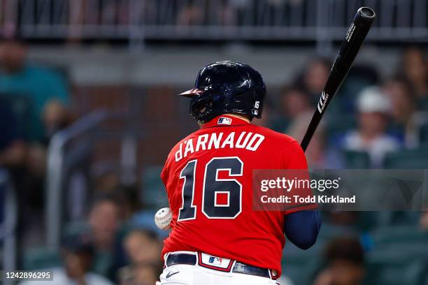 Travis d'Arnaud of the Atlanta Braves is hit by a pitch during the sixth inning against the Miami Marlins at Truist Park on September 2, 2022 in...