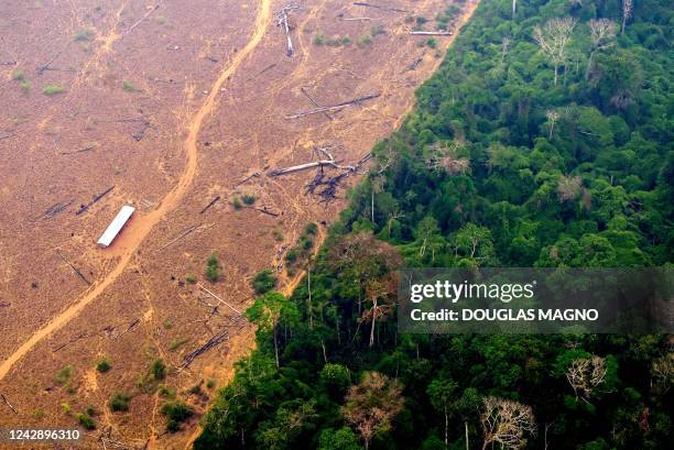 View of a deforested and burning area of the Amazon rainforest in the region of Labrea, state of Amazonas, northern Brazil, on September 2, 2022. -...