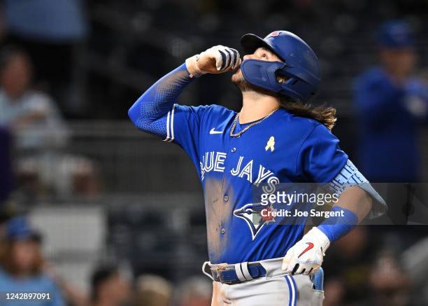 Bo Bichette of the Toronto Blue Jays celebrates his two-run home run during the ninth inning against the Pittsburgh Pirates at PNC Park on September...