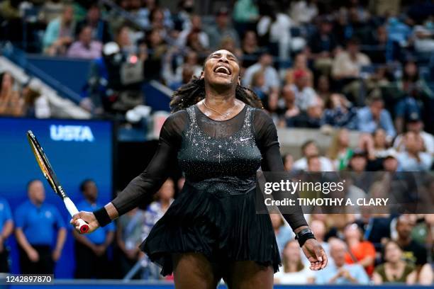 S Serena Williams reacts after a point during her 2022 US Open Tennis tournament women's singles third round match against Australia's Ajla...