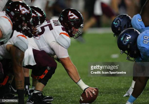 Virginia Tech Hokies offensive lineman Johnny Jordan in the trenches during a college football game between the Virginia Tech Hokies and the Old...