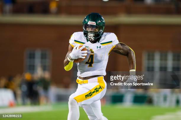 Donavyn Lester of the William & Mary Tribe sprints to the end zone for a touchdown during a football game between the Charlotte 49ers and the William...