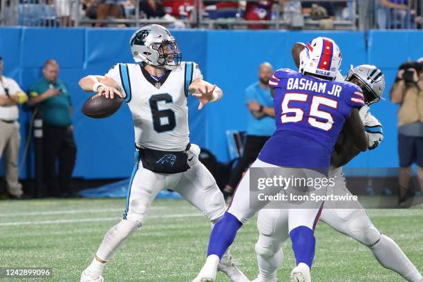 Carolina Panthers quarterback Baker Mayfield during a NFL preseason football game between the Buffalo Bills and the Carolina Panthers on August 26,...