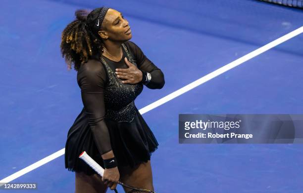 Serena Williams of the United States waves to the crowd after losing her final career match against Ajla Tomljanovic of Australia in the third round...