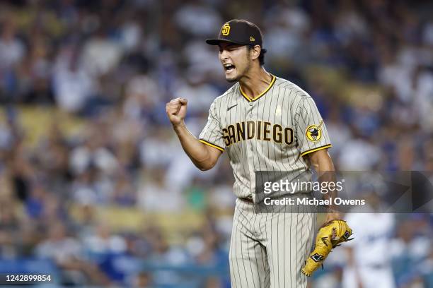 Yu Darvish of the San Diego Padres reacts in the seventh inning during the game between the San Diego Padres and the Los Angeles Dodgers at Dodgers...