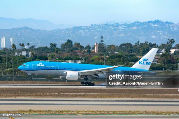 Royal Dutch Airlines Boeing 777-206 arrives at Los Angeles international Airport on September 02, 2022 in Los Angeles, California.