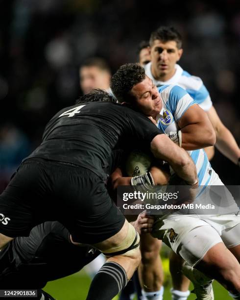 Thomas Gallo of Argentina is tackled by Samuel Whitelock of New Zealand during the Rugby Championship game at FMG Stadium Waikato on September 3,...