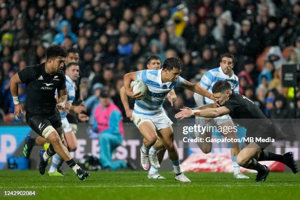 Matías Moroni of Argentina hands off Jordie Barrett of New Zealand during the Rugby Championship game at FMG Stadium Waikato on September 3, 2022 in...