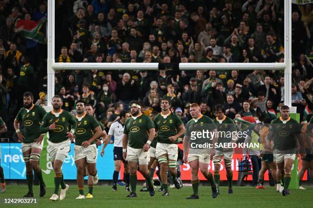 South Africa's players celebrate a try by Damian de Allende during the Rugby Championship match between Australia and South Africa at Allianz Stadium...