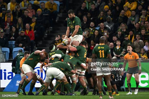 South Africa's Lood de Jager wins the line-out during the Rugby Championship match between Australia and South Africa at Allianz Stadium in Sydney on...