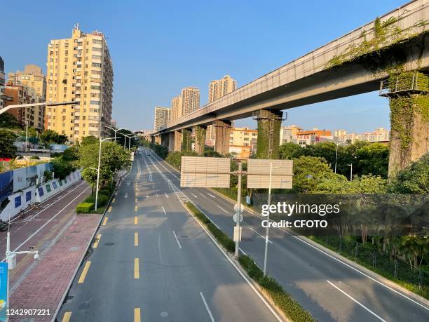 Empty streets are seen in Shenzhen, Guangdong province, China, Sept 3, 2022. The city of Shenzhen is temporarily closed because of the virus.