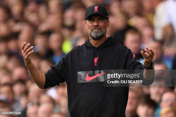 Liverpool's German manager Jurgen Klopp gestures on the touchline during the English Premier League football match between Everton and Liverpool at...