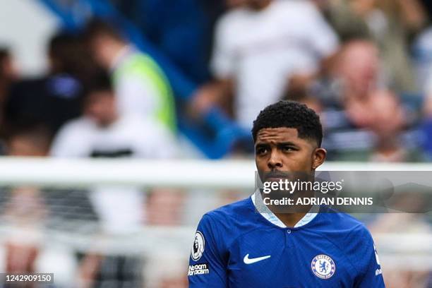 Chelsea's French defender Wesley Fofana reacts during the English Premier League football match between Chelsea and West Ham United at Stamford...