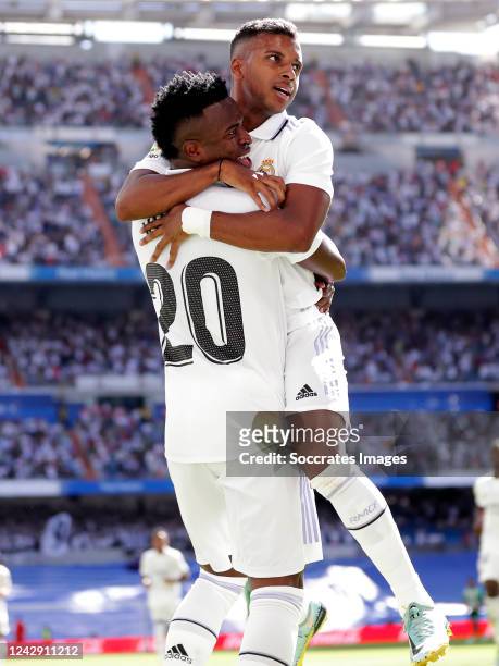 Vinicius Junior of Real Madrid celebrates 1-0 with Rodrygo of Real Madrid during the La Liga Santander match between Real Madrid v Real Betis Sevilla...