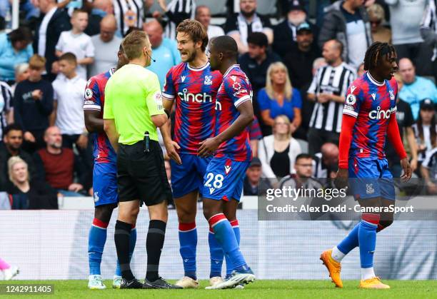 Crystal Palace's Joachim Andersen shouts at referee Michael Salisbury at half time during the Premier League match between Newcastle United and...