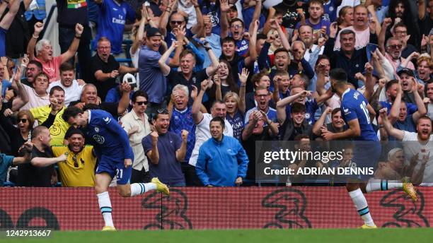 Chelsea's English defender Ben Chilwell celebrates after scoring his team first goal during the English Premier League football match between Chelsea...