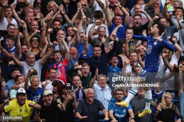 Chelsea's English defender Ben Chilwell celebrates after scoring his team first goal during the English Premier League football match between Chelsea...