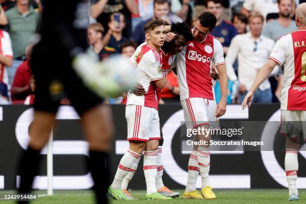 Mohammed Kudus of Ajax celebrates 4-0 with Steven Berghuis of Ajax, Francisco Conceicao of Ajax during the Dutch Eredivisie match between Ajax v SC...