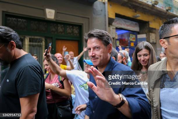 The political leader of the Five Stars Movement, Giuseppe Conte, during the electoral tour in Naples, in the street of the artisans of the crib, San...