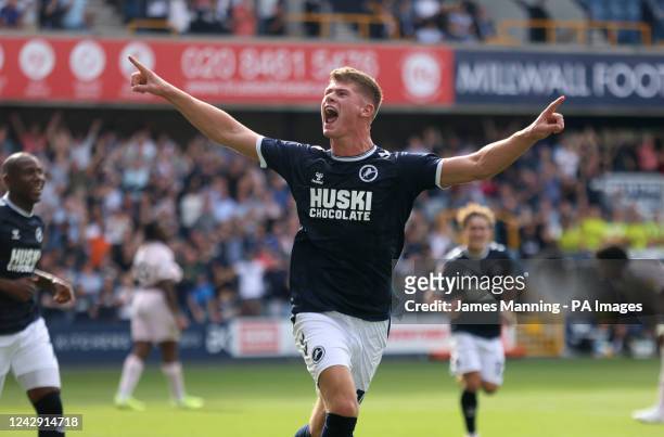 Millwall's Charlie Cresswell celebrates scoring their side's first goal of the game during the Sky Bet Championship match at The Den, London. Picture...