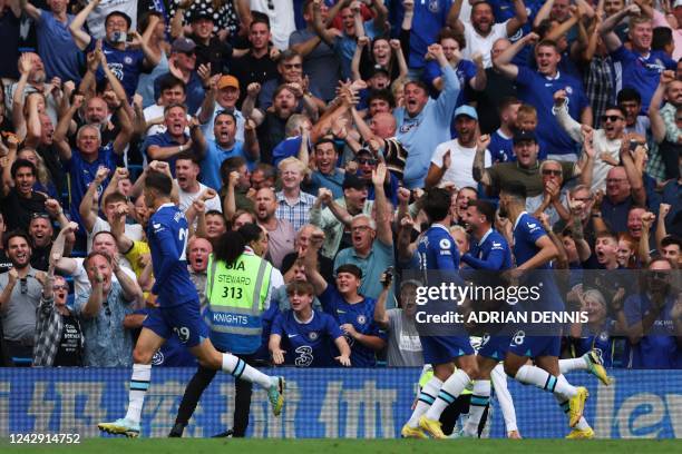Chelsea's German midfielder Kai Havertz celebrates after scoring his team second goal during the English Premier League football match between...