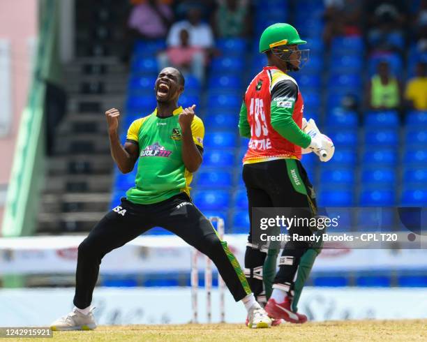 Nicholson Gordon of Jamaica Tallawahs celebrates the dismissal of Shimron Hetmyer of Guyana Amazon Warriors during the Men's 2022 Hero Caribbean...