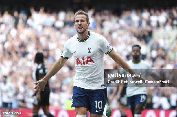 Tottenham Hotspur's Harry Kane celebrates scoring his side's second goal during the Premier League match between Tottenham Hotspur and Fulham FC at...