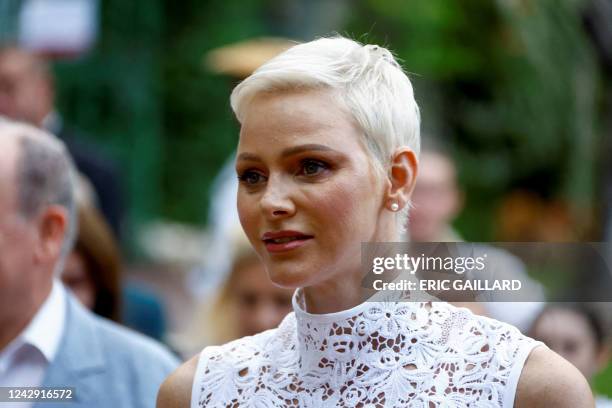 Princess Charlene of Monaco looks on as she arrive to take part in the traditional "U Cavagnetu" Monaco picnic, in Monaco, September 3, 2022.