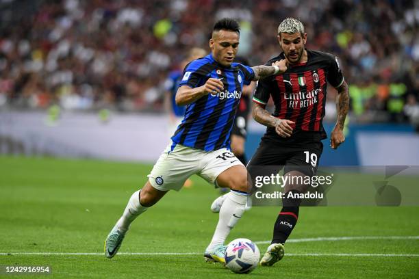 Lautaro Martinez of FC Internazionale and Theo Hernandez of AC Milan during the Serie A Italian football derby match AC Milan vs FC Internazionale at...